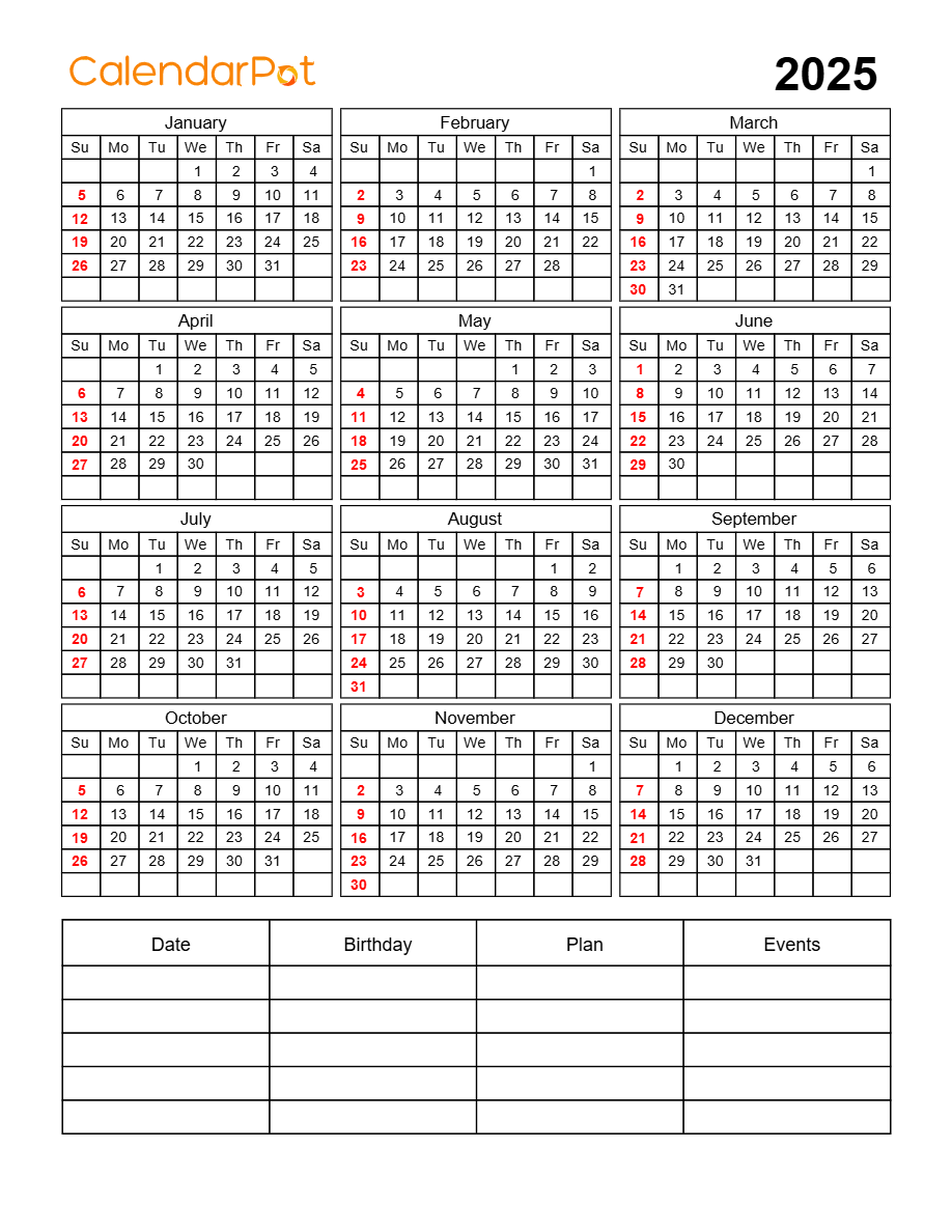 Year 2025 Calendar Classic Bordered Month With Bottom Note Portrait Sunday 