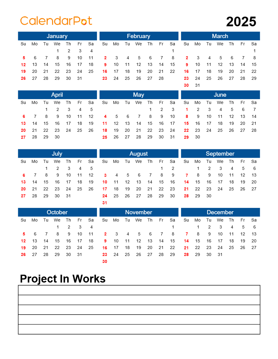 Year 2025 Calendar Free Blue With Bottom Note Portrait Sunday 
