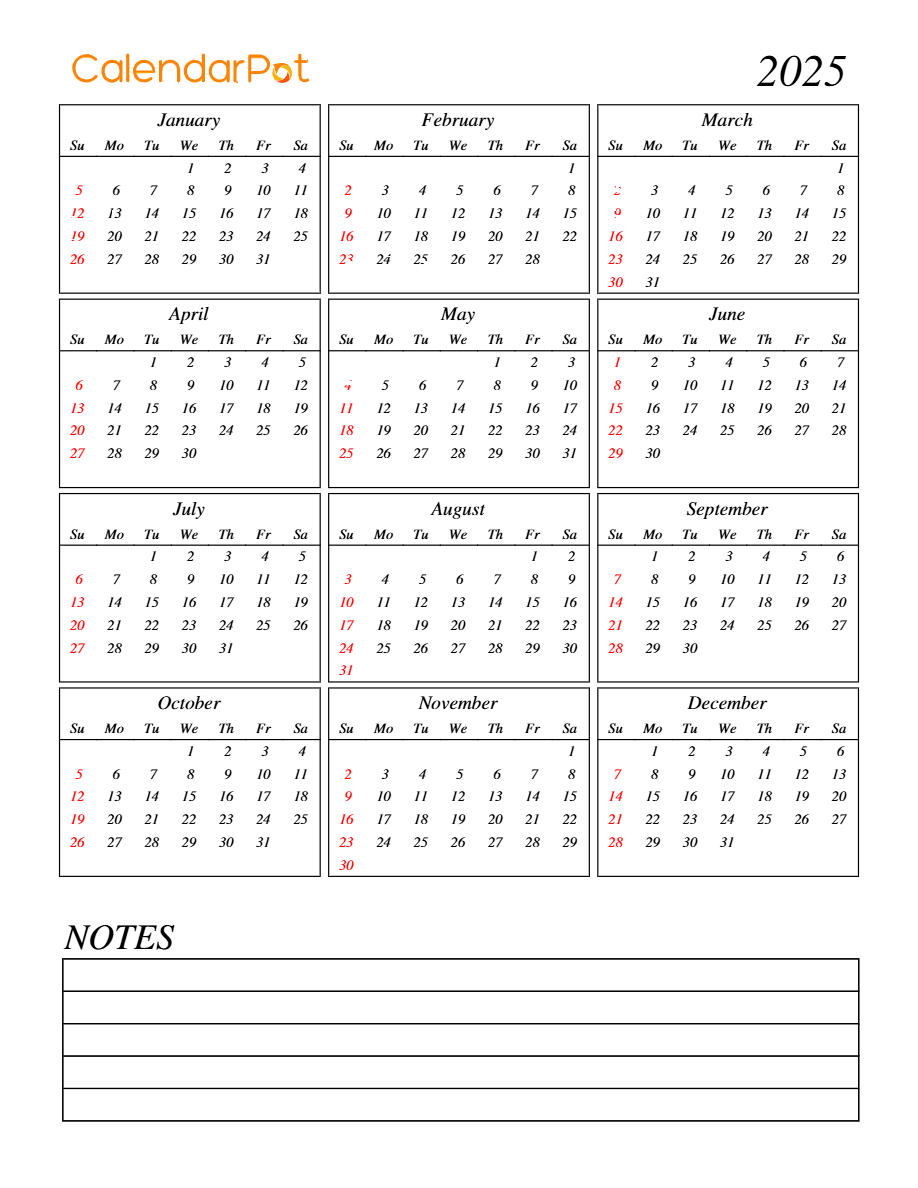 Year 2025 Calendar Yearly Printable With Bottom Note Portrait Sunday 